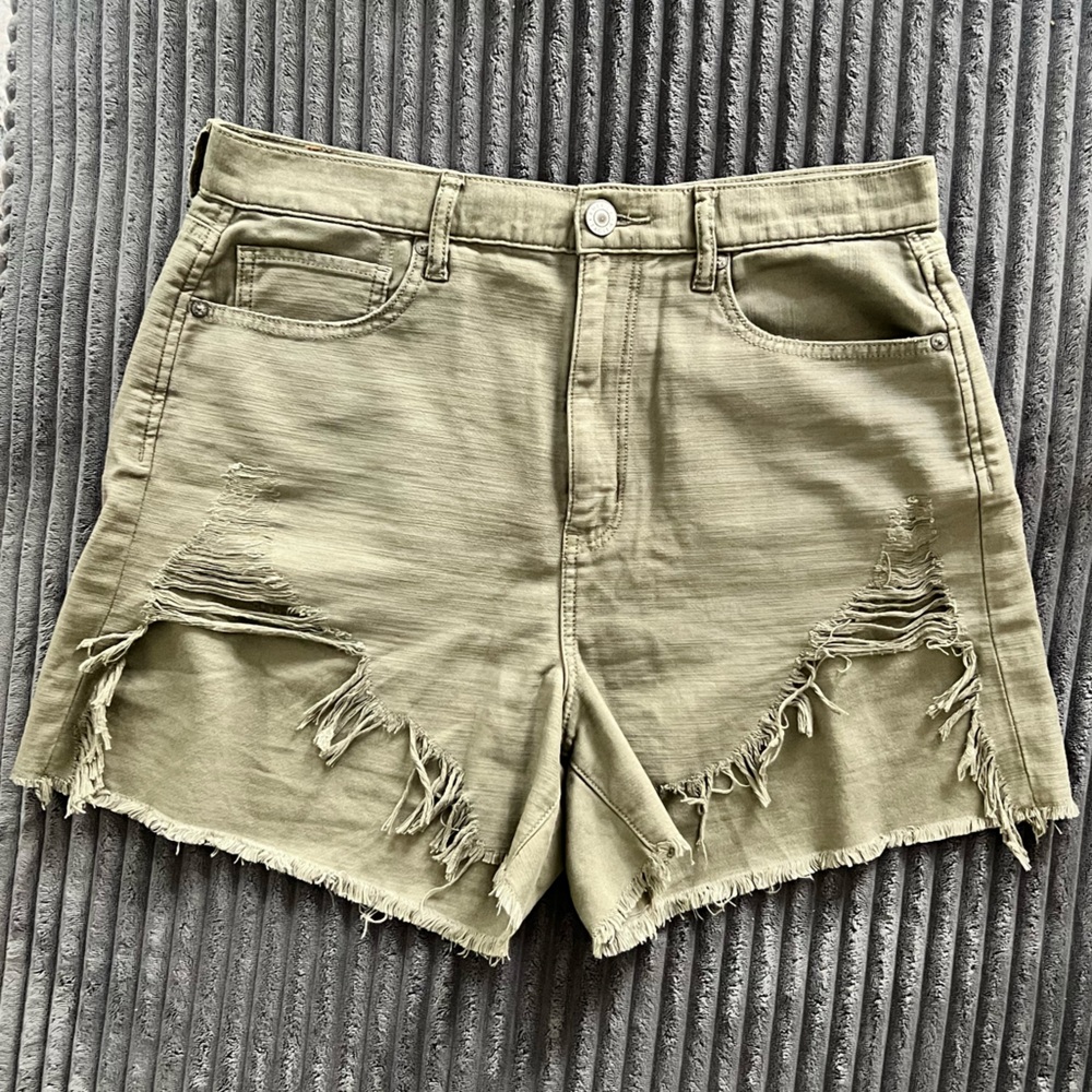 Distressed American Eagle Olive Green Denim Shorts